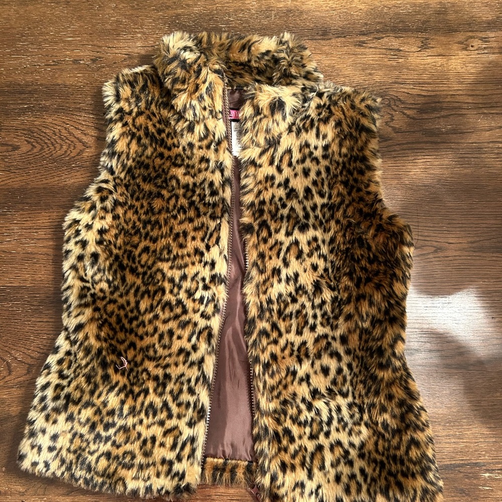 brown and black leopard print fur zip-up vest